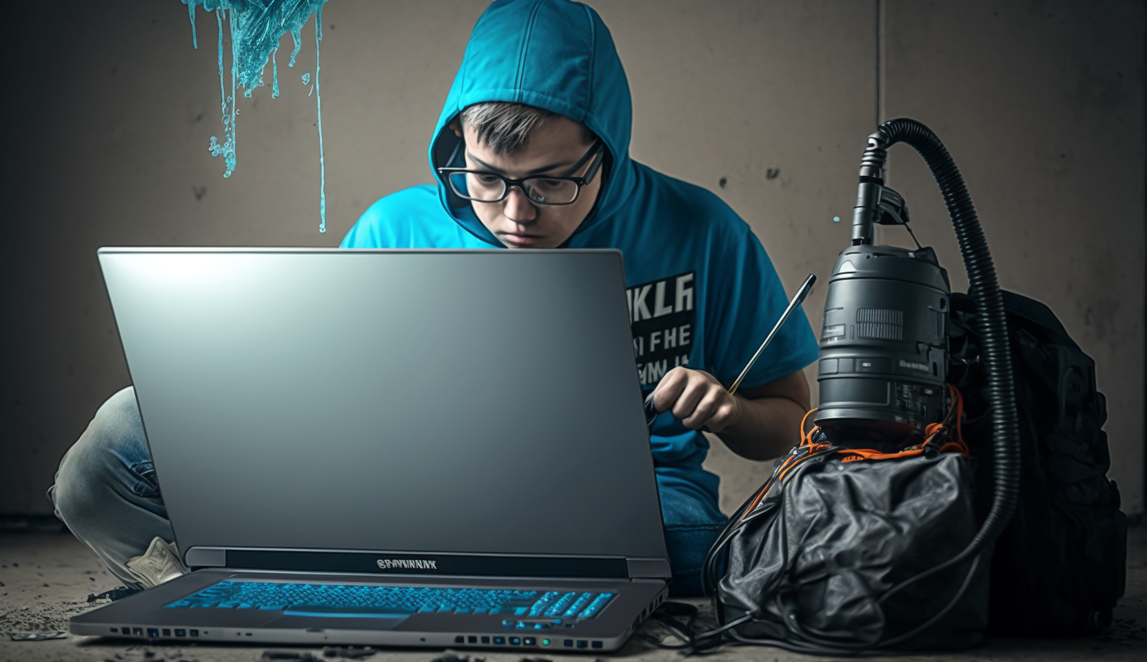 micro geek gamer guy reinigt einen gaming laptop, der sehr kleine geek gamer guy steht neben dem gaming laptop, der geek gamer guy hält einen wischmop